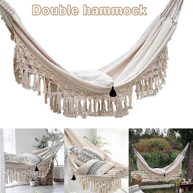 Macrame Fringe Hammock with Storage Bag Handmade Hanging Double Bed with Tassel Decor for Outdoor 2*1.5m Bearing