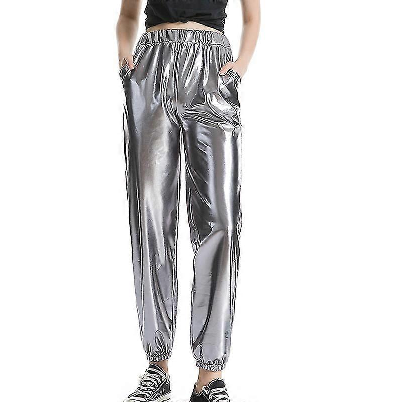 Dambyxor med hög midja, casual sommar, loungekläder, metallic-byxor