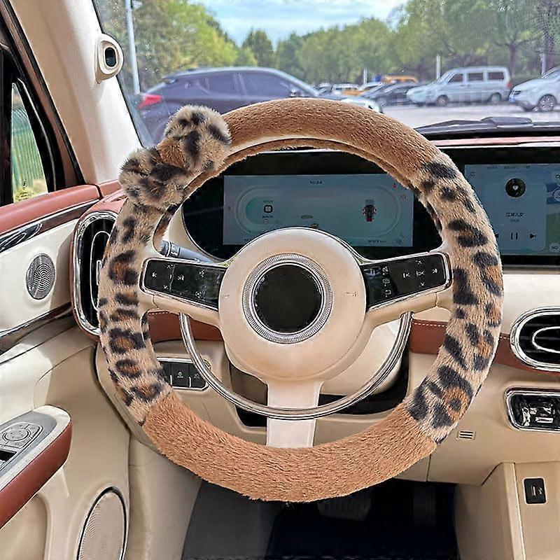 Steering Wheel Cover Fluffy Non-Slip Plush Leopard Print Car Accessory Universal Fit Soft Material