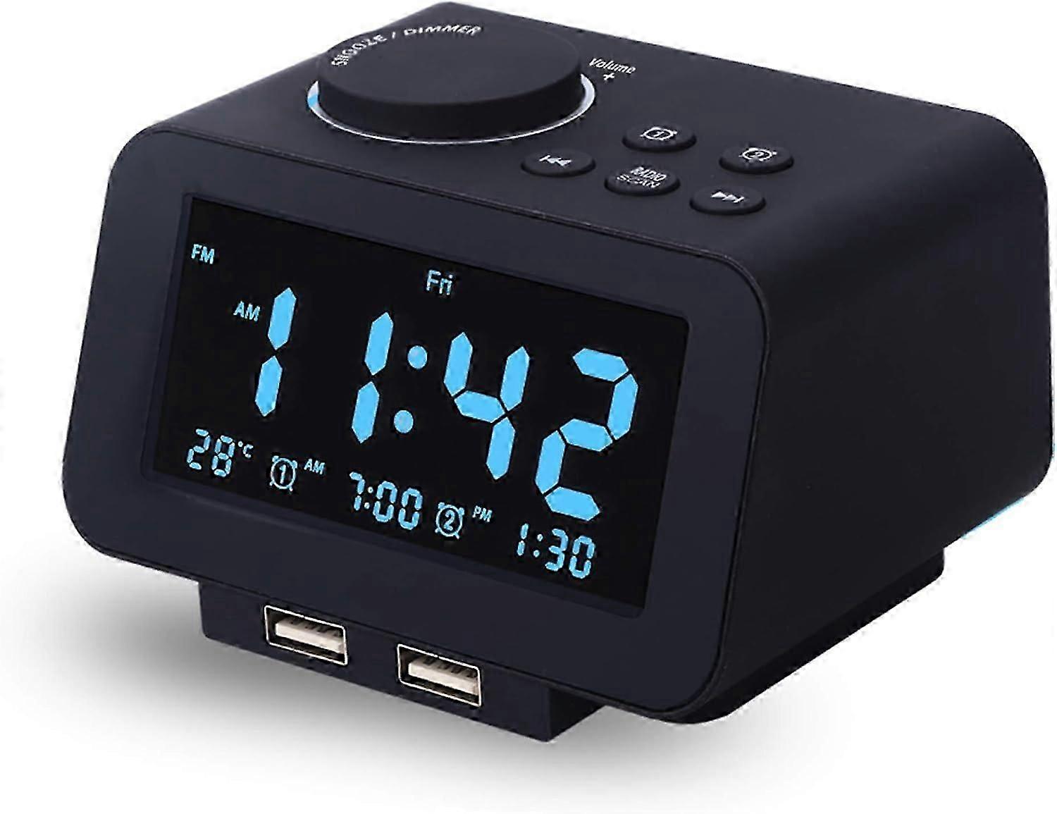 Digital alarm clock with FM radio, USB charging and temperature display