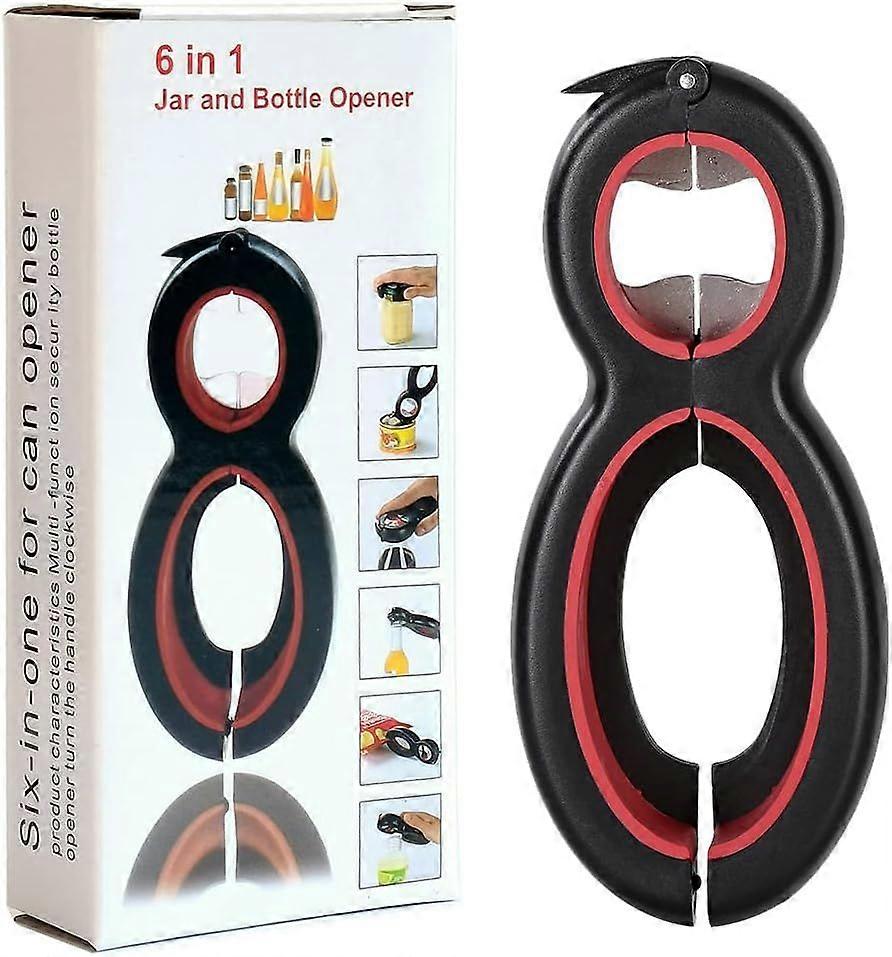 6 in 1 Multi Opener, All in One Bottle Opener, Can, Soda, and Jar Openers, Twist Off Lid  Open Sesame Can Opener (Black and Red)
