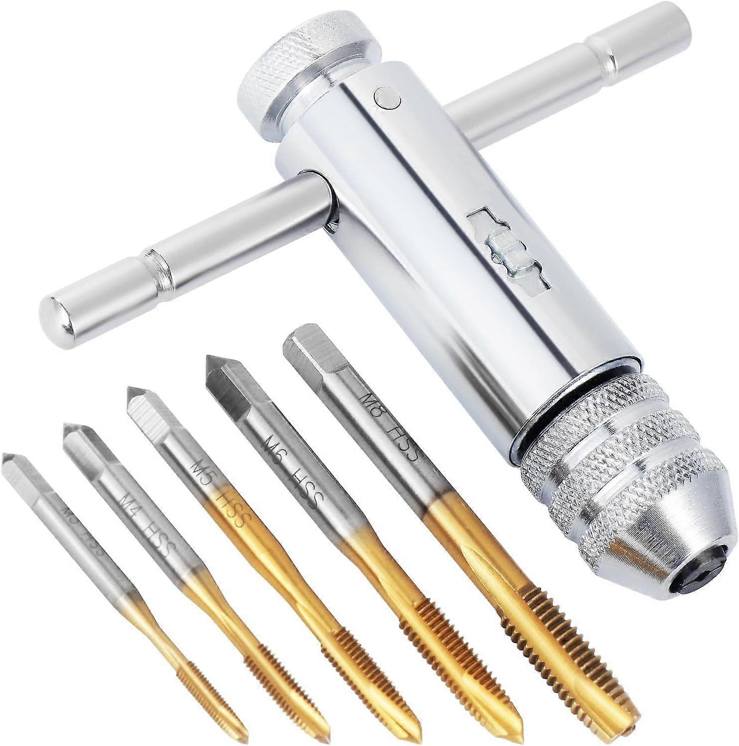 6pcs Tap and Die Set, Hand Taps, Adjustable Ratchet Wrench for HSS T-Handle Tap Holders, Metric Thread M3, M4, M5, M6, M8
