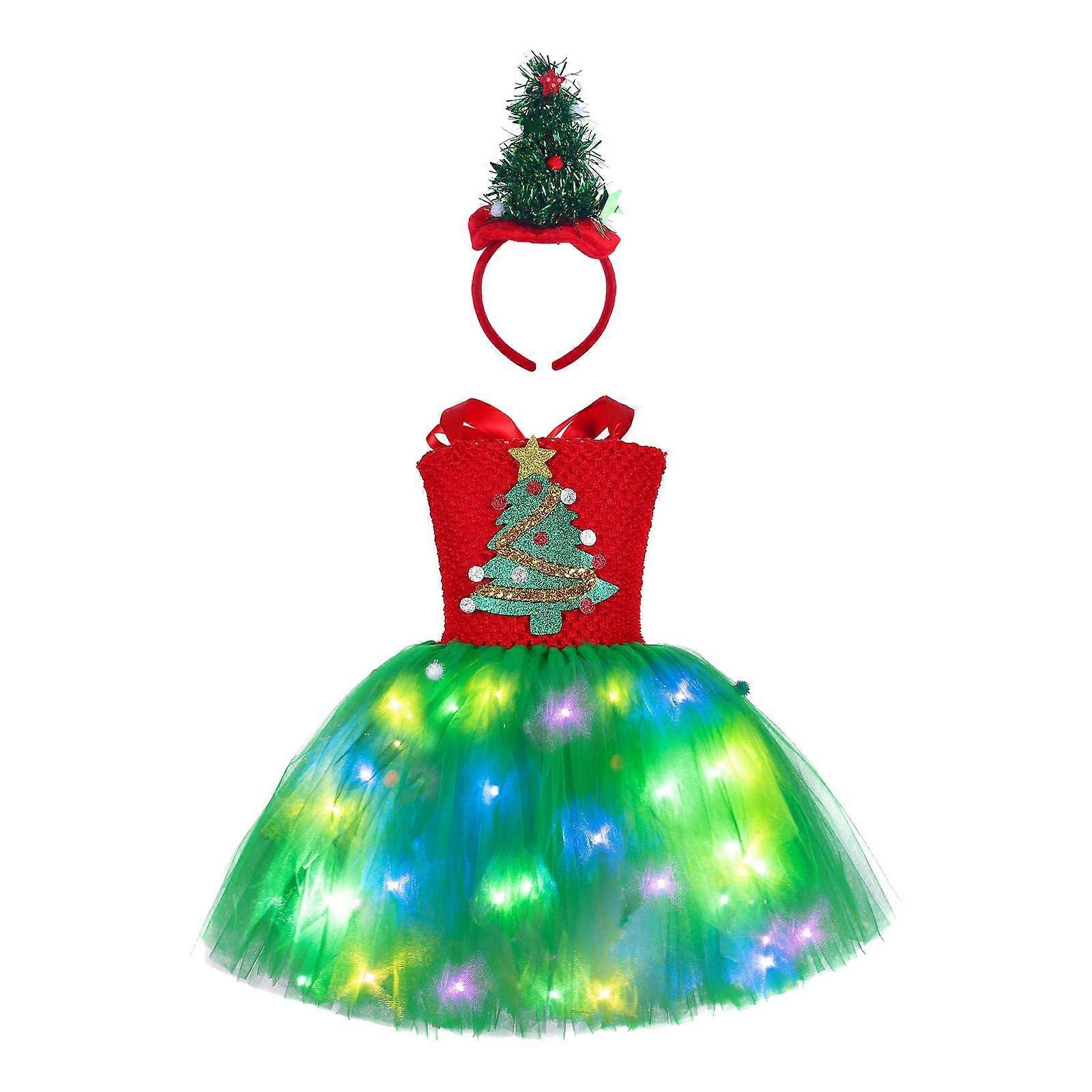 Kızlar için Noel Ağacı Elbisesi Işıklı Noel Partisi Tutu Elbisesi ve Şapkası Noel