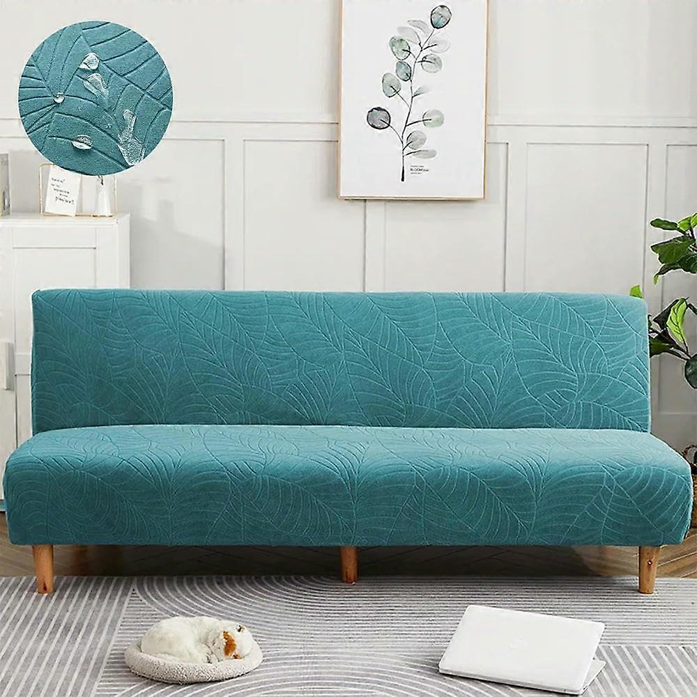 Water-Resistant Stretch Sofa Cover Without Arms, Leaf Design, Non-Slip Spandex Protector, Light Blue, Size Large