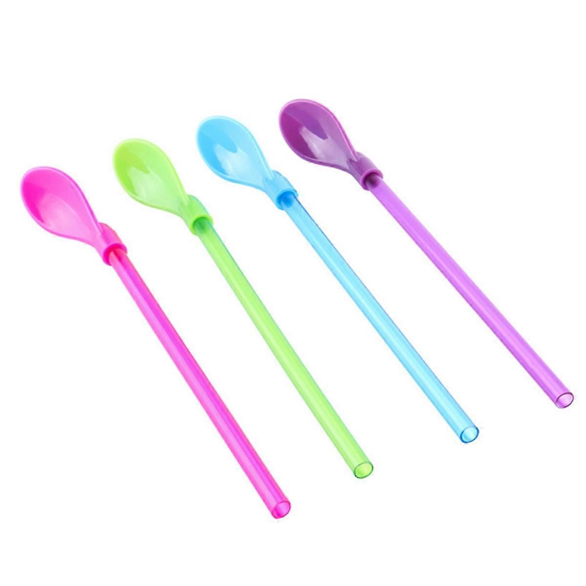 Removable Straw Spoon Blue For Dessert Eating Utensil 4Pcs