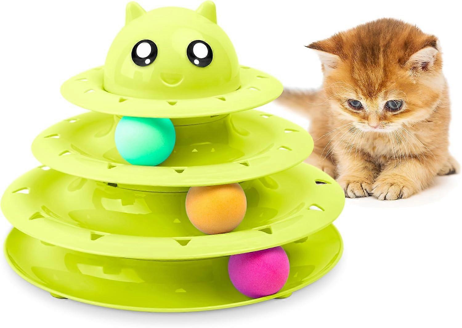 Cat Roller Ball Toy - 3 Tier Tower Track for Interactive Play, Exercise & Stimulation (Green)