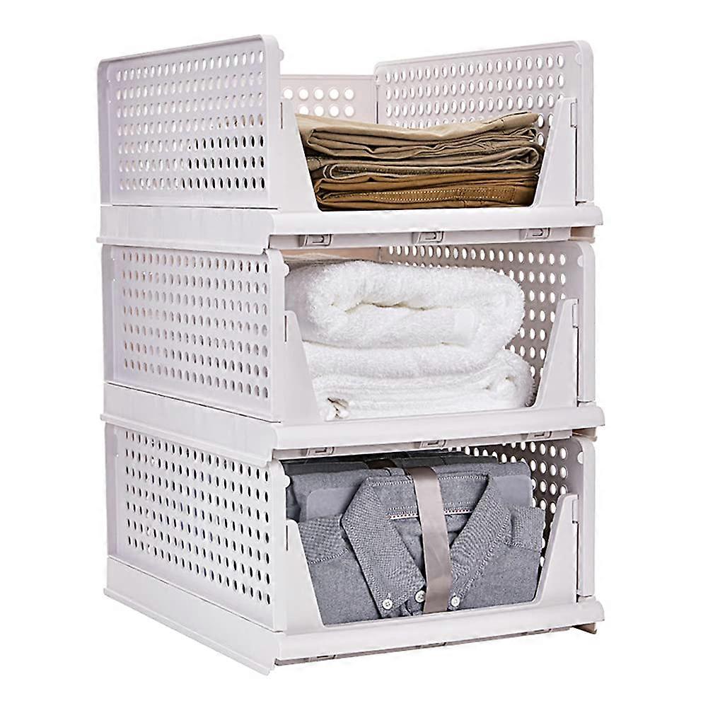 Pack of 3 Foldable and Stackable Wardrobe Storage Boxes for Bedroom Clothes Storage Plastic Organiser Drawer (White) White 3er
