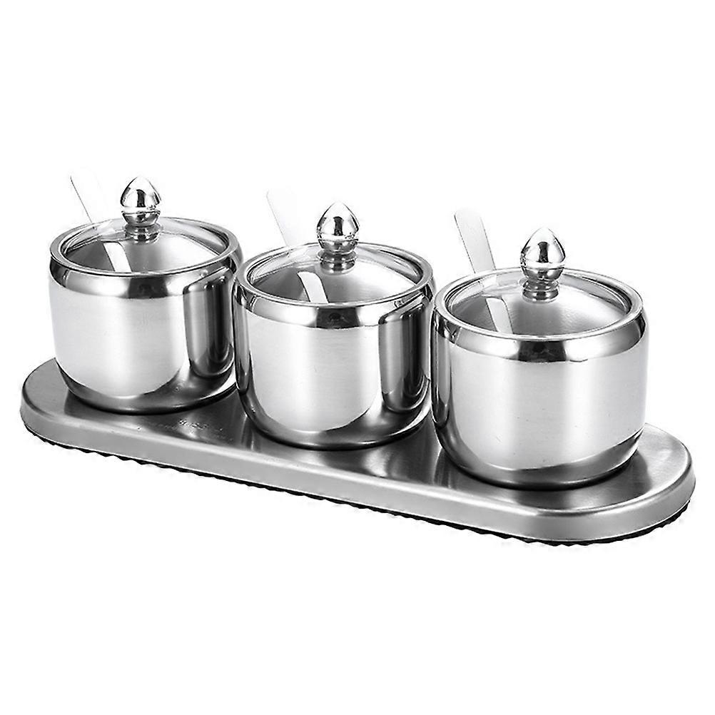 Condiment Canisters Pots Seasoning Jar Hotel Use Glass 30x10x6.5cm 3 Jars with Base