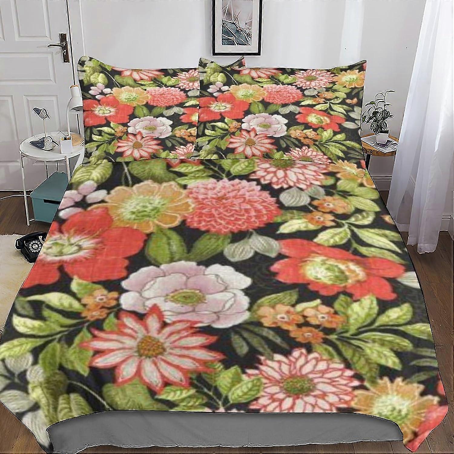 Conjunto de capa de edredão macia em estilo vintage inglês, design floral clássico, microfibra, conjunto de 3 peças para adultos e crianças