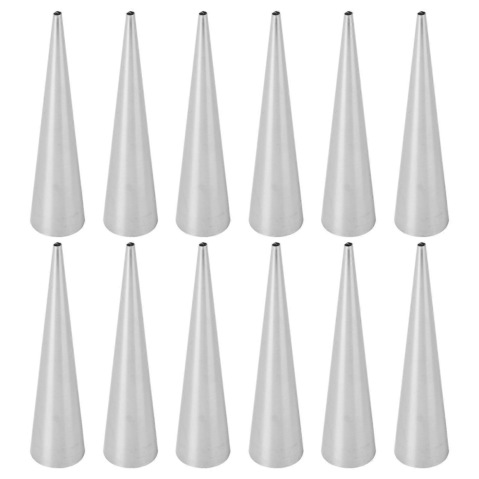 Here's a polished product description based on your input:
**12pcs Stainless Steel Pastry Cream Horn Molds – Reusable Conical Tube Cannoli Forms
