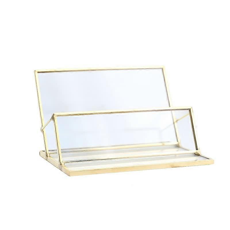 Glass Business Card Holder Gold Metal Frame, Transparent Stand, Name Card Organizer For Office Desktop (Single Layer)