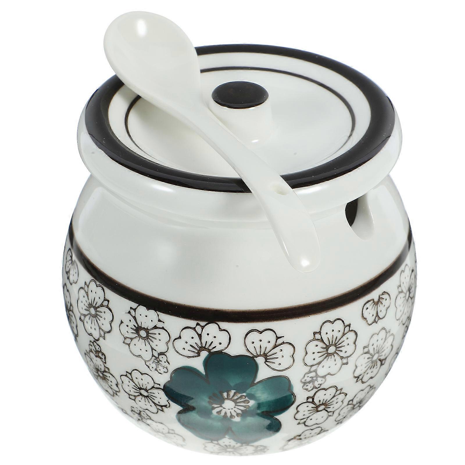 Seasoning Container Ceramic Canister for Home Use with Spoon Blue