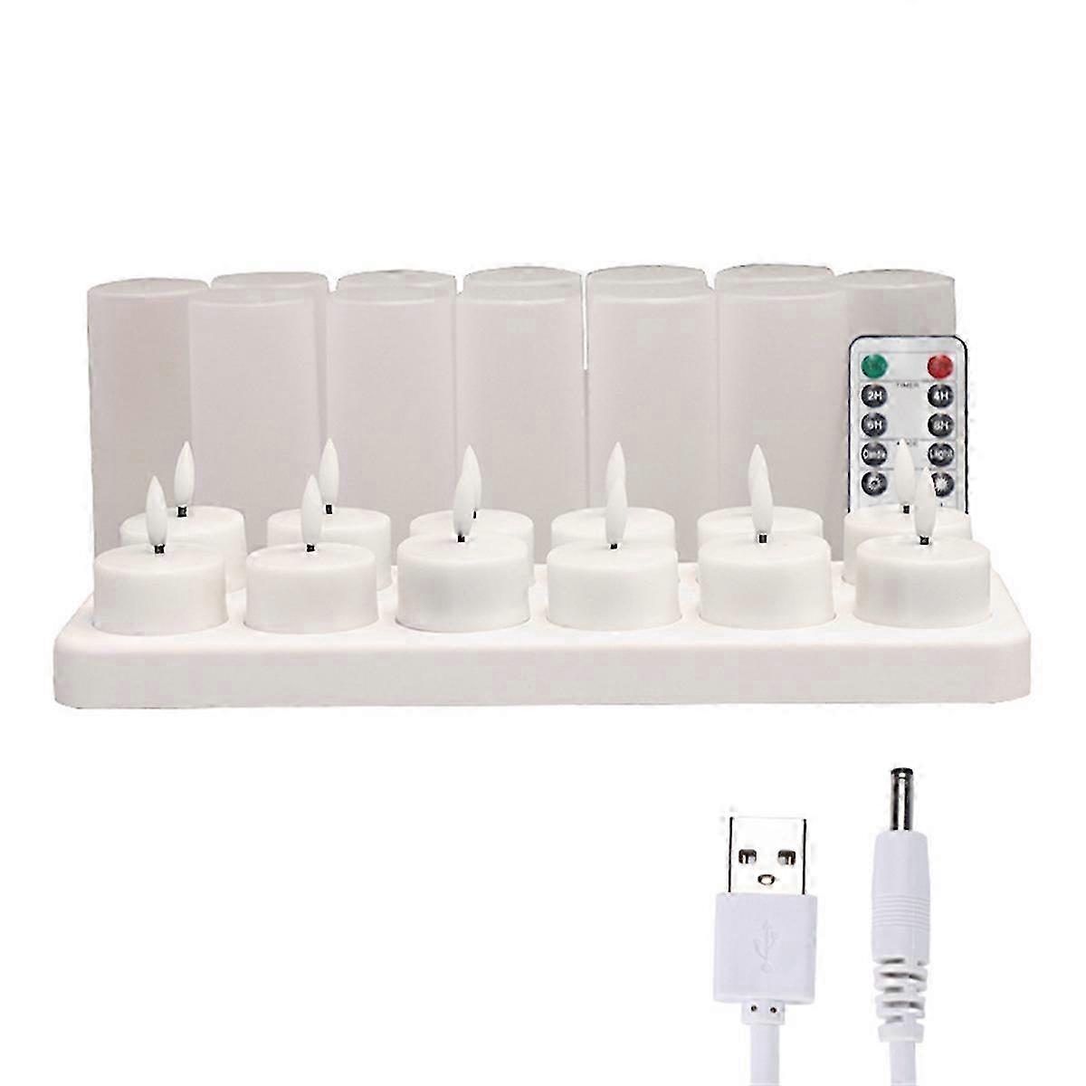 Flameless Candles with Remote Control Timer & Charging Base, 12pcs USB Rechargeable Battery LED Tea Edition 0709