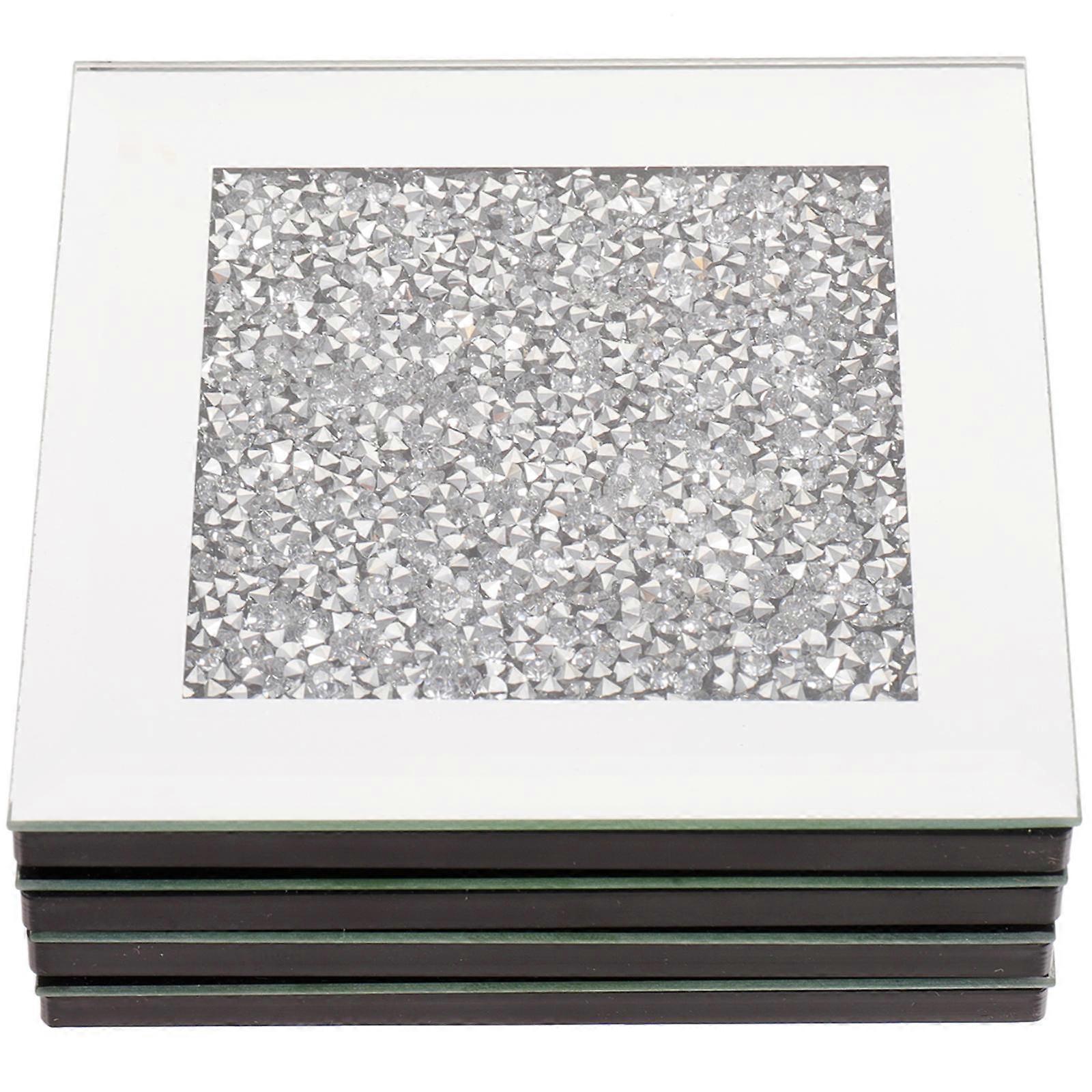 4pcs Modern Minimalist Glass Coasters with Silver Rhinestone Mirror Finish – Heat Resistant Decorative Cup Mats for Home, Bar, and Restaurant Table