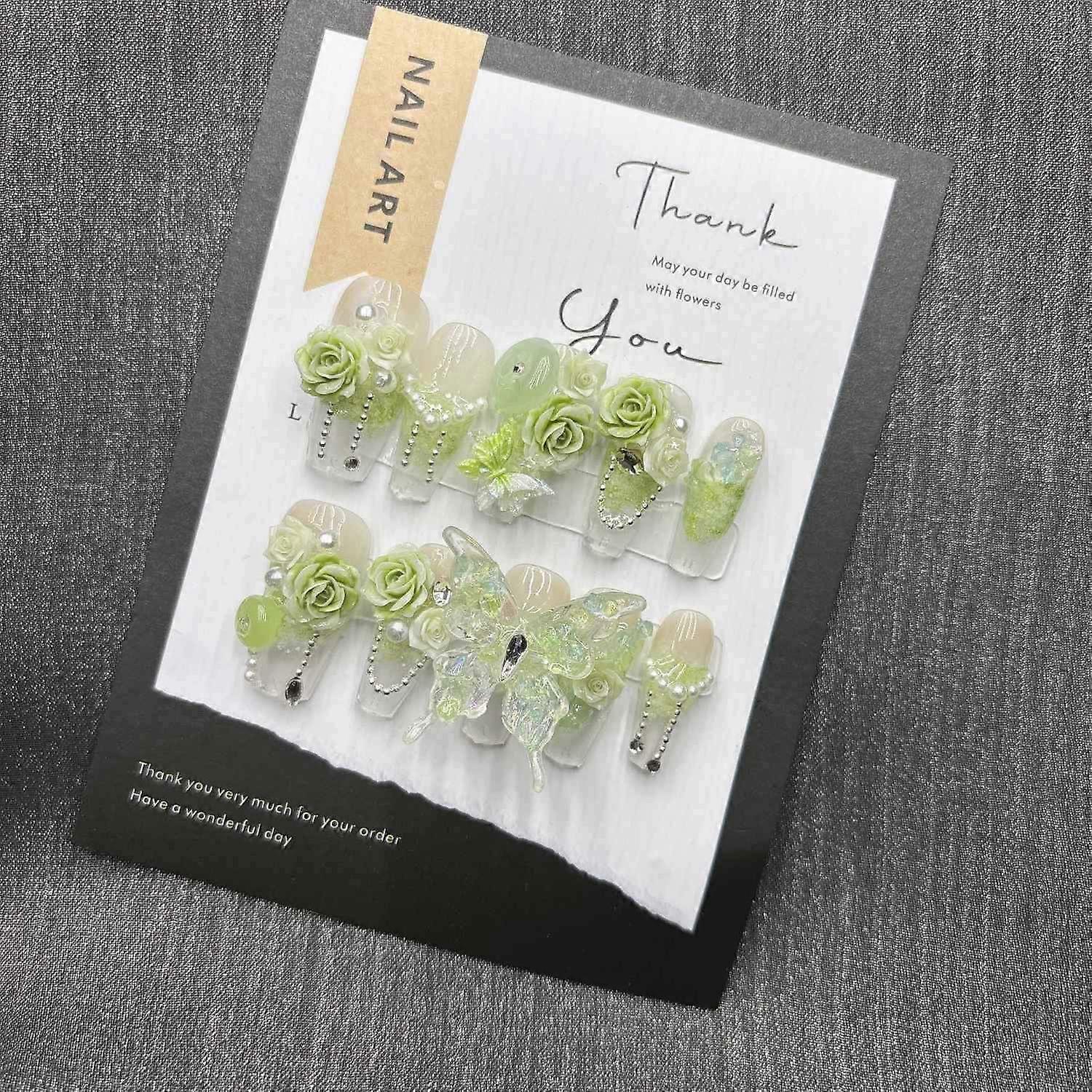 Green Butterfly Press on Nails Fairycore False Nails Handmade