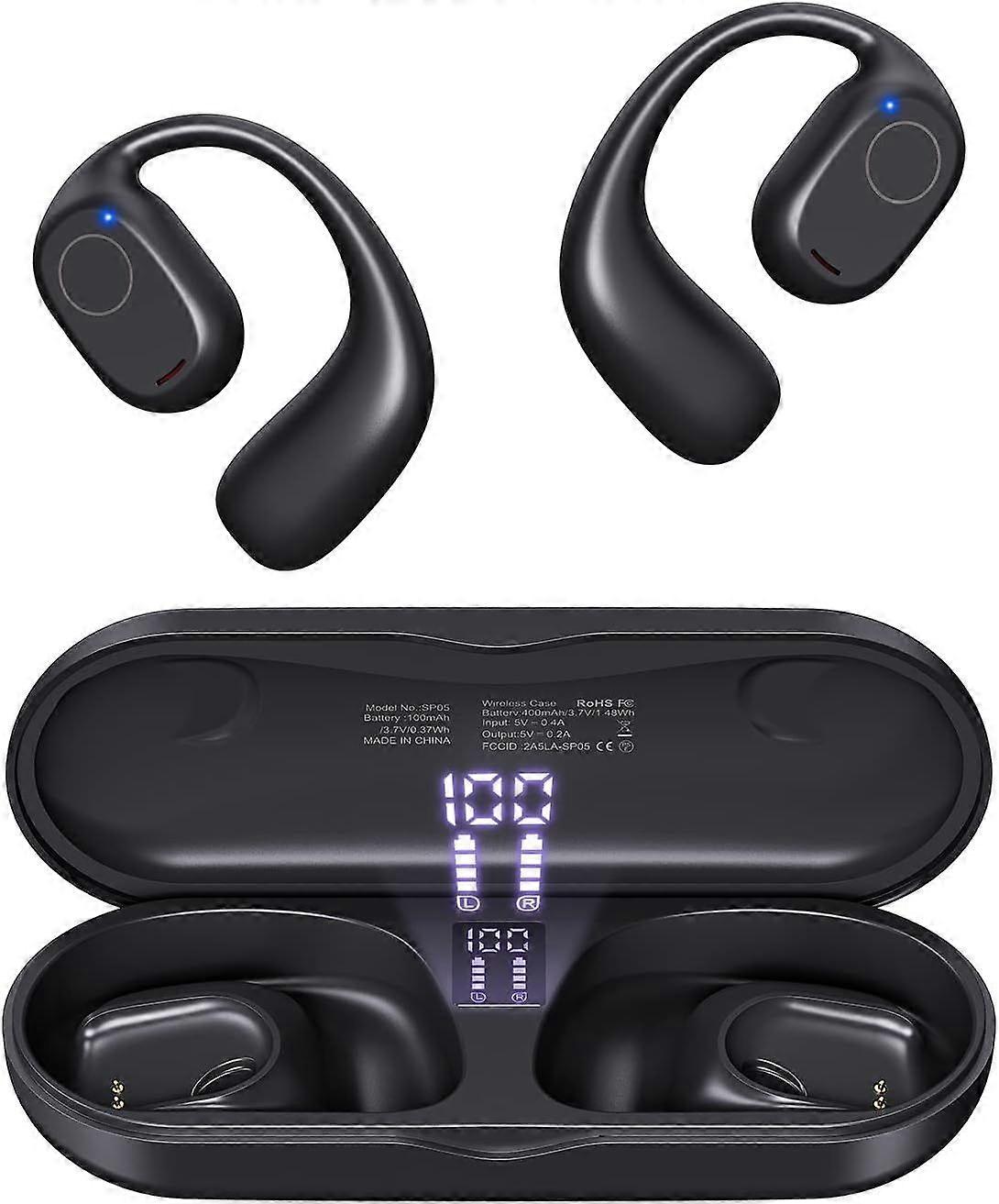 Open Ear Headphones, Bluetooth 5.3 Wireless Sports Headphones with Digital Display Charging Case 40 Hours Playtime True Earbuds with Earhooks for Runn