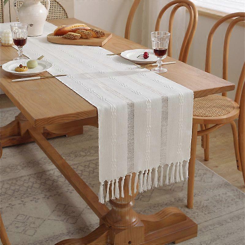 Cream Beige Table Runner Boho Table Runner with Tassels Rustic Country Style Table Runner for Dinner, Party, Holiday, Dining Room, Dresser, 38X183cm,