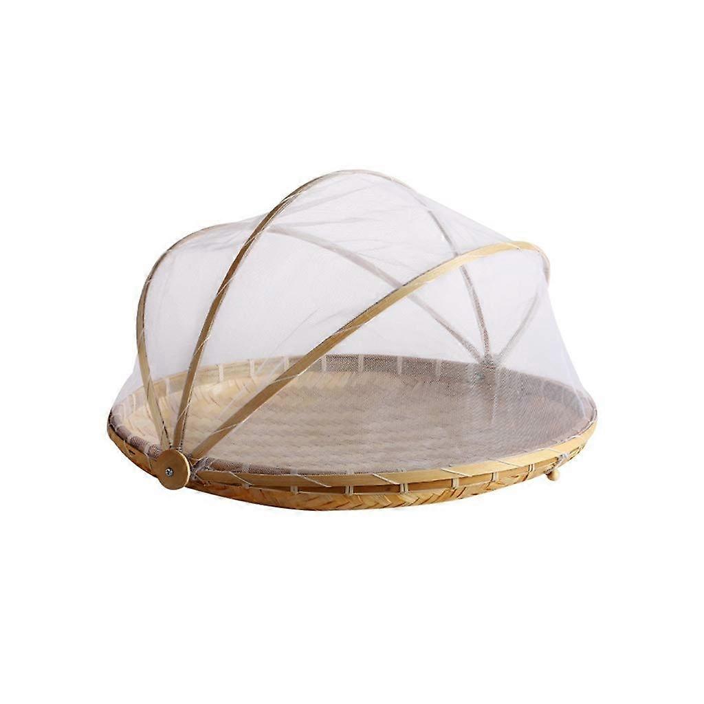 Handmade Woven Fruit Vegetable Basket Round Dustproof Wicker Tray With Gauze Cover Mesh For Drying Food Storage Laundry