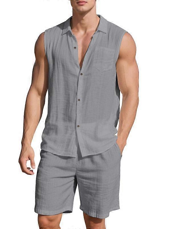 Men's Solid Notch Neck Sleeveless Button Vest Blazer & Drawstring Waist Shorts Two-Piece Set, Regular Fit Casual Breathable Outfits for Beac