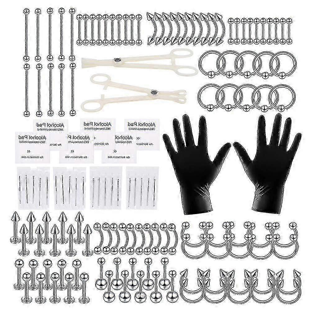 Industriel vægtstangspiercing kit 140stk rustfrit stål kropssmykker