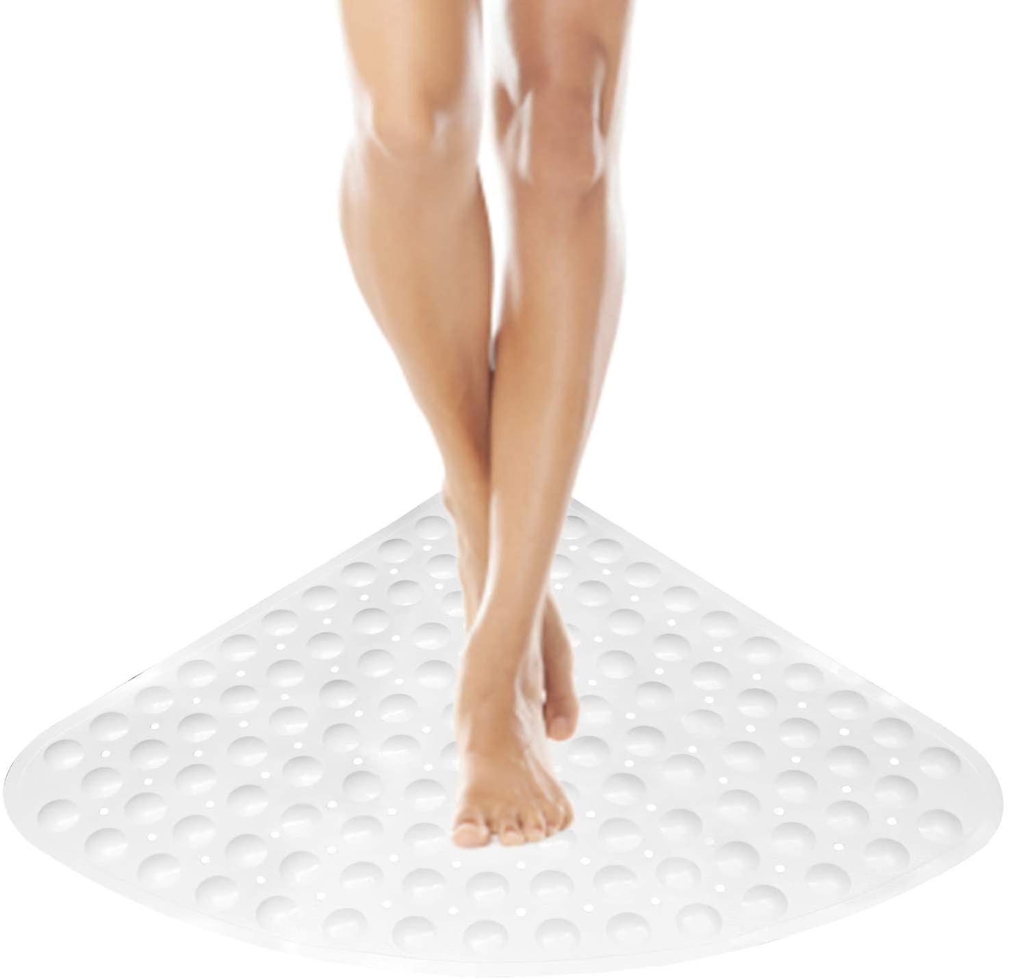 Non Slip Bath Mat, Triangle Pattern, Shower Mat With Suction Cup Drain, Quarter Circle Off White