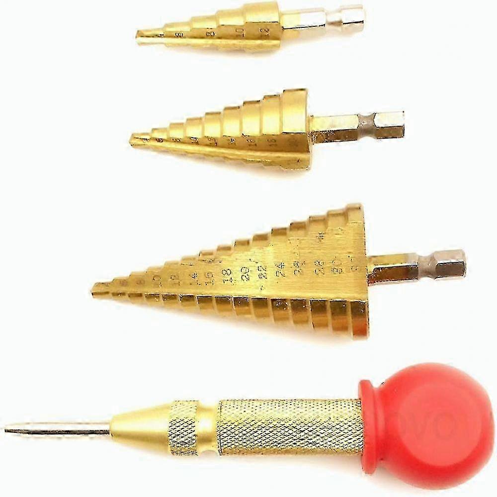 f 3-pack HSS hex shank step drill bits (4-12mm, 4-20mm and 4-32mm diameters), titanium coated tapered drill bits with self-centering pun