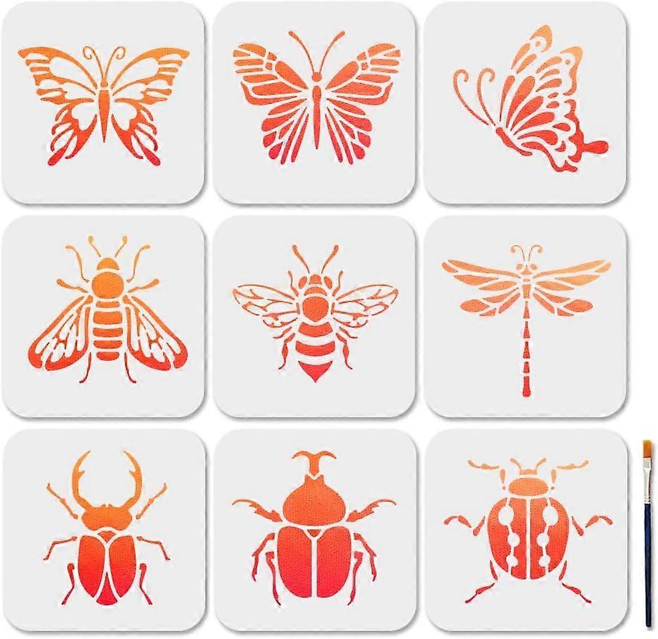 9Pcs Insect Theme Stencils Butterfly Dragonfly Painting Stencil 5.95.9inch Bee Beetles Stencils with Paint Brush Reusable Ladybug Template for Window 