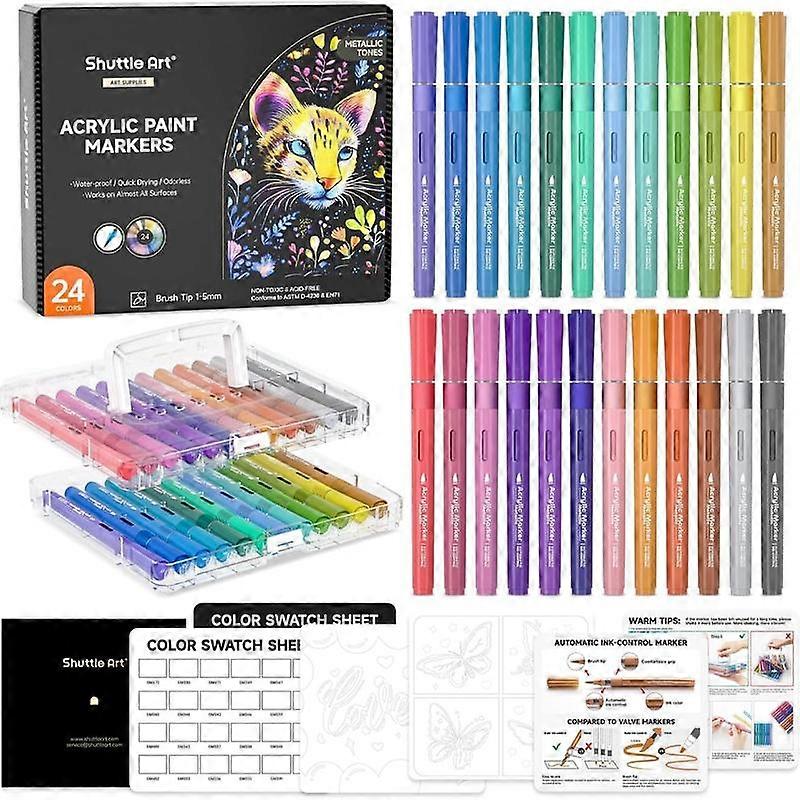 Αυτόματοι μαρκαδόροι ακρυλικού χρώματος Shuttle Art με έλεγχο μελανιού, 24/36/60 χρώματα με πινέλο και ακρυλικά στυλό για ζωγραφική σε βράχους, κεραμικό, ξύλο, καμβά