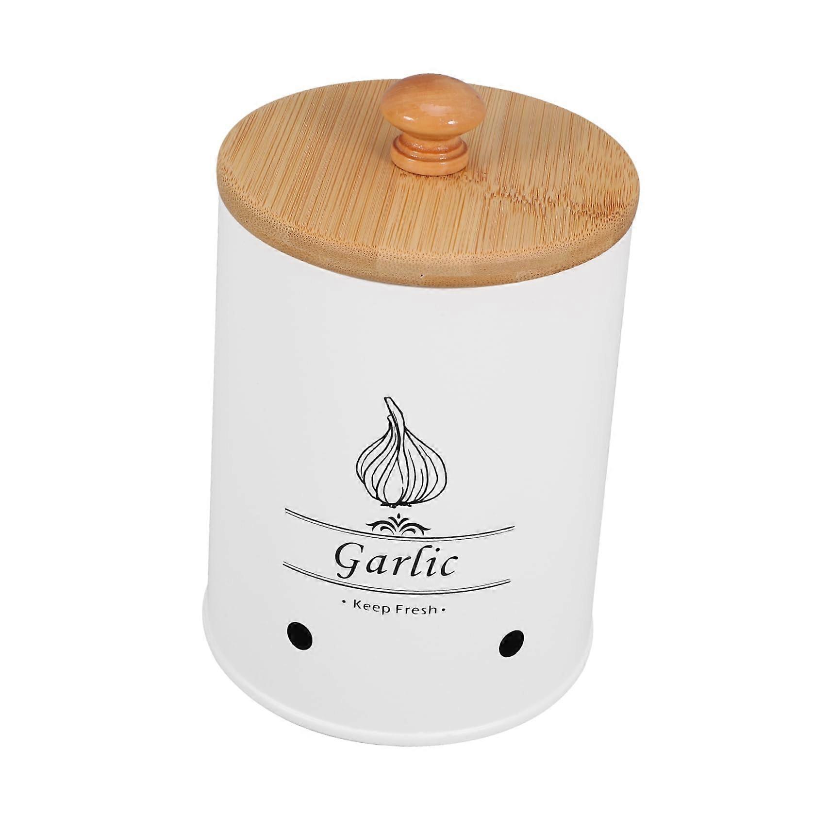 Garlic Storage Jar with Bamboo Lid, Metal Garlic and Ginger Keeper, Ventilated Rustproof Kitchen Container