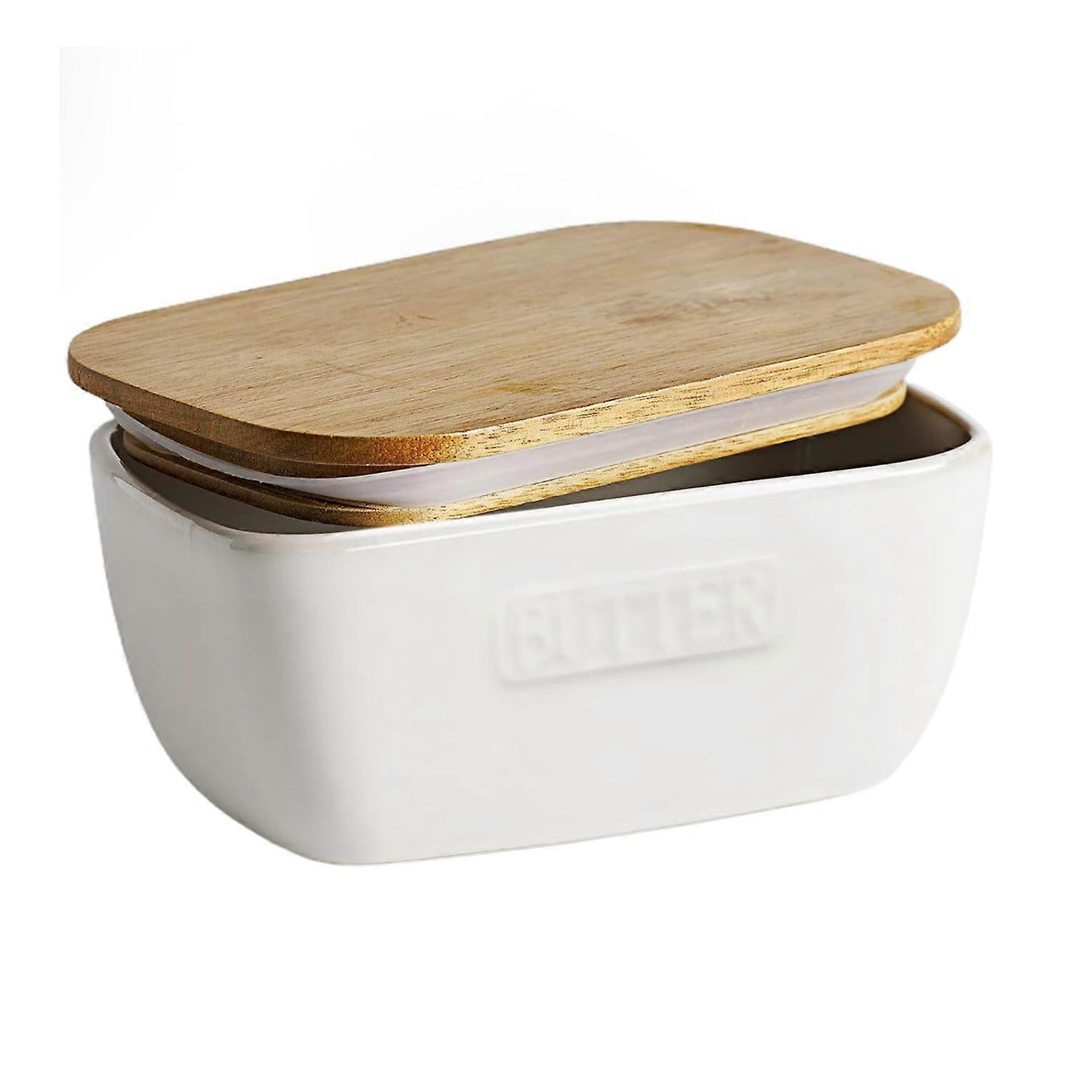 Porcelain Butter Dish with Airtight Silicone Seal and Bamboo Lid, 5.7Inch Countertop Size