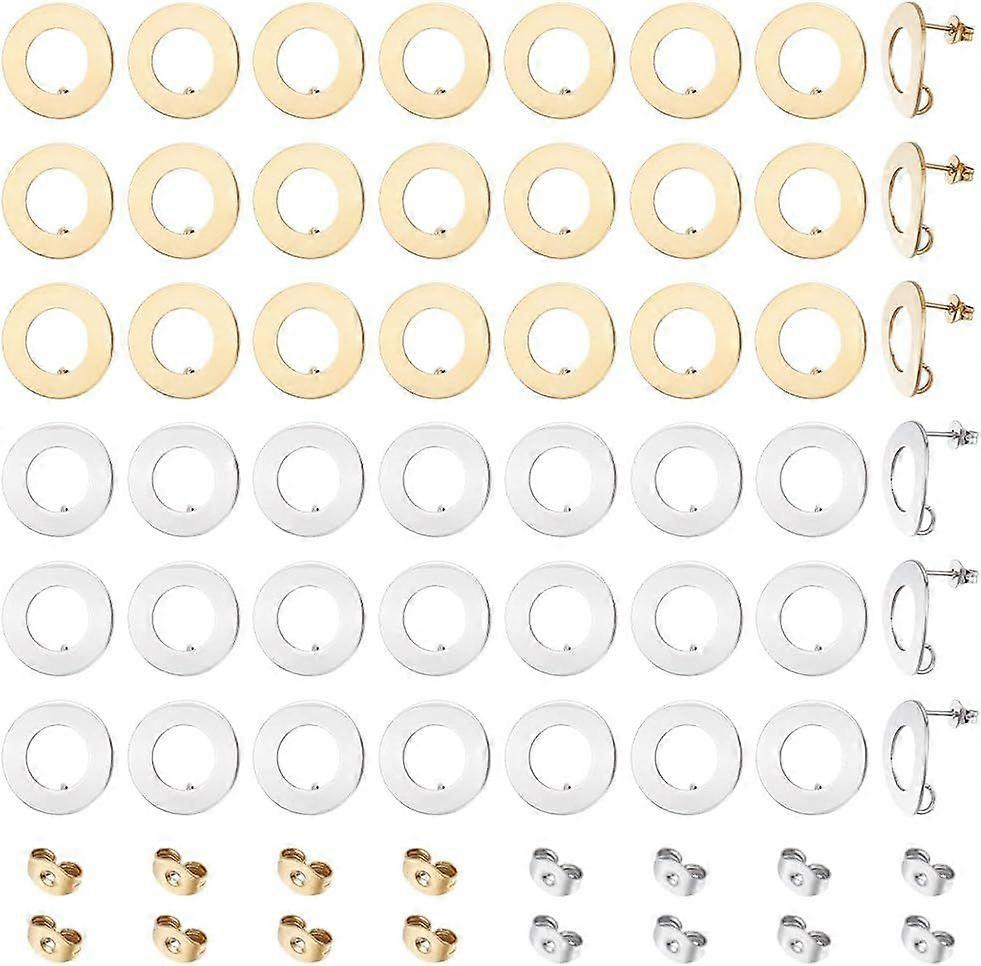 16 Pairs Stainless Steel Earring Posts with Loop Gold and Silver Flat Round Stud Earring Findings with Earring Backs for Jewelry Making