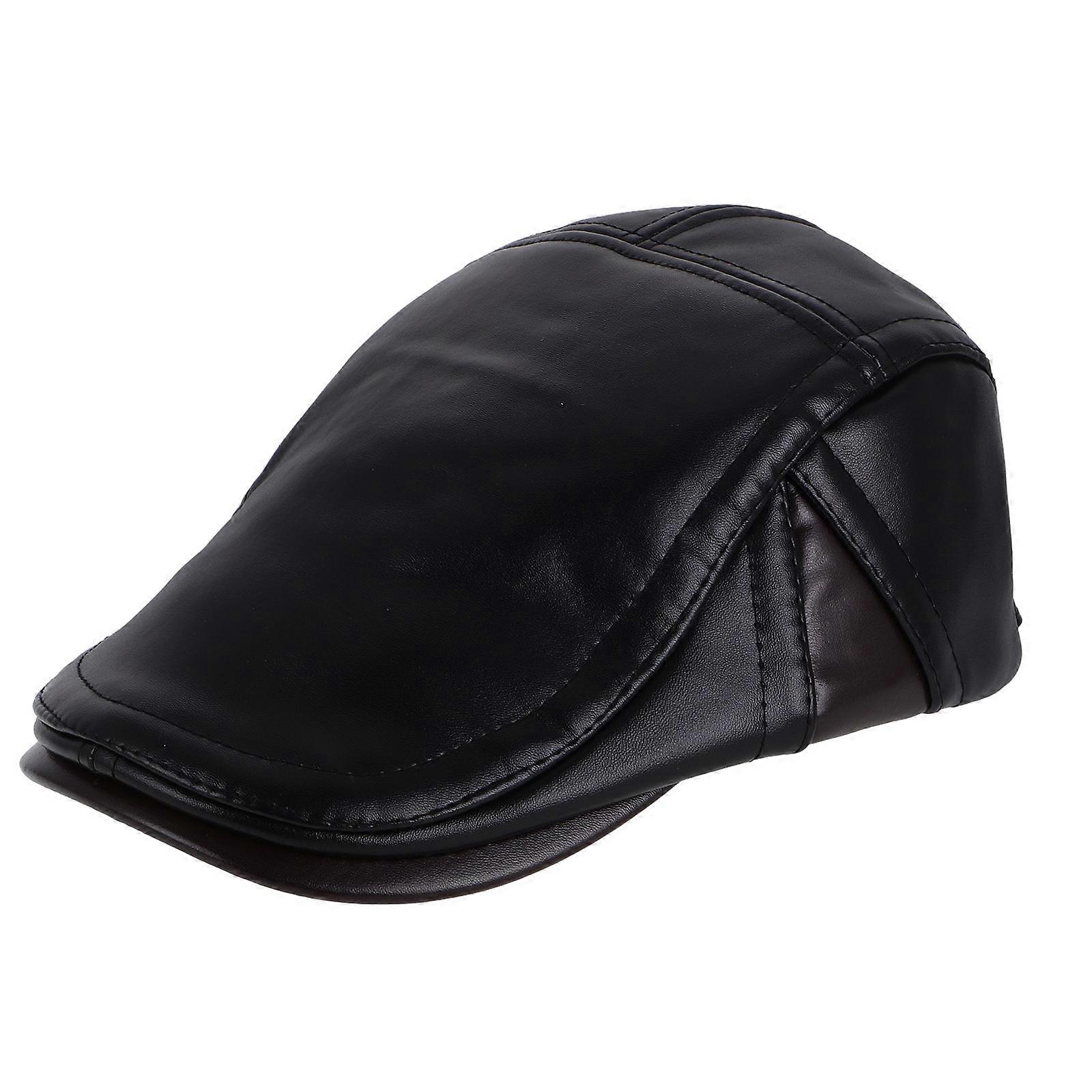 Black PU Cold-Proof Hat Newsboy Cap for Men with Earflaps