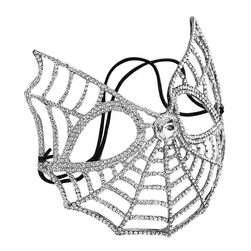 Silver Rhinestone Mask for Women Featuring Spider Web Pattern for Party