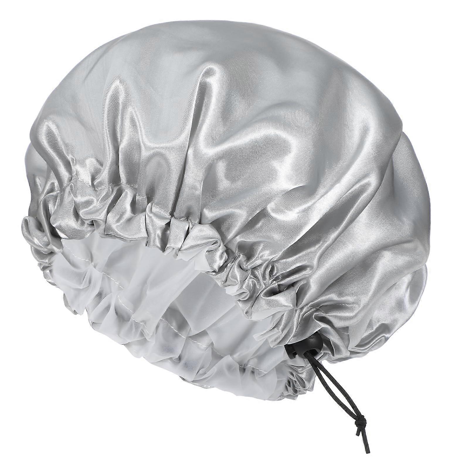 Waterproof Satin Shower Cap for Men with Adjustable Drawstring, Double Layer Bonnet for Curly Hair Braids, Silver