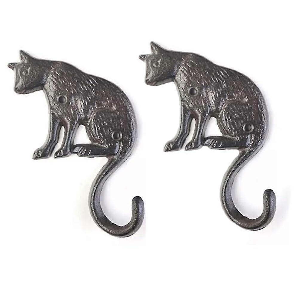 Vintage Cast Iron Cat Wall Hooks for Coats Keys Towels with Screws Antique Dark Rust 2 Pack