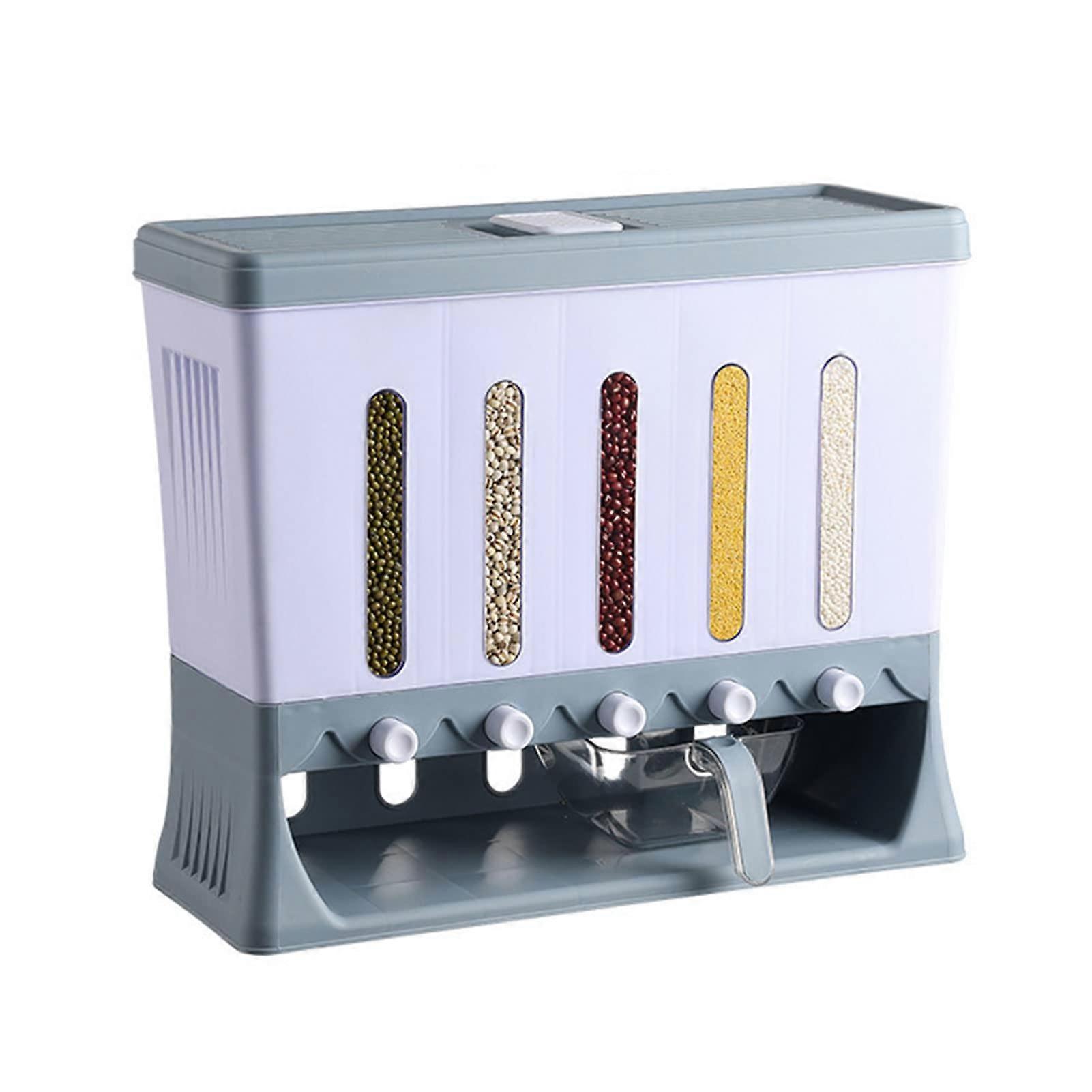 Large Capacity Wall Mounted Rice Dispenser with 5 Compartments, Moisture Proof Grain Storage Bin