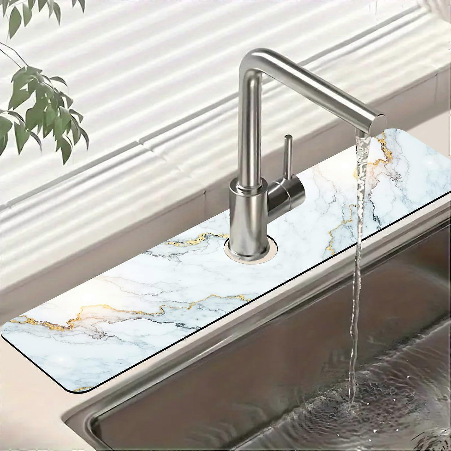 Marble Pattern Sink Splash Guard with Fast Drying Faucet Mat, NonSlip Absorbent, 23.5'x5.5'