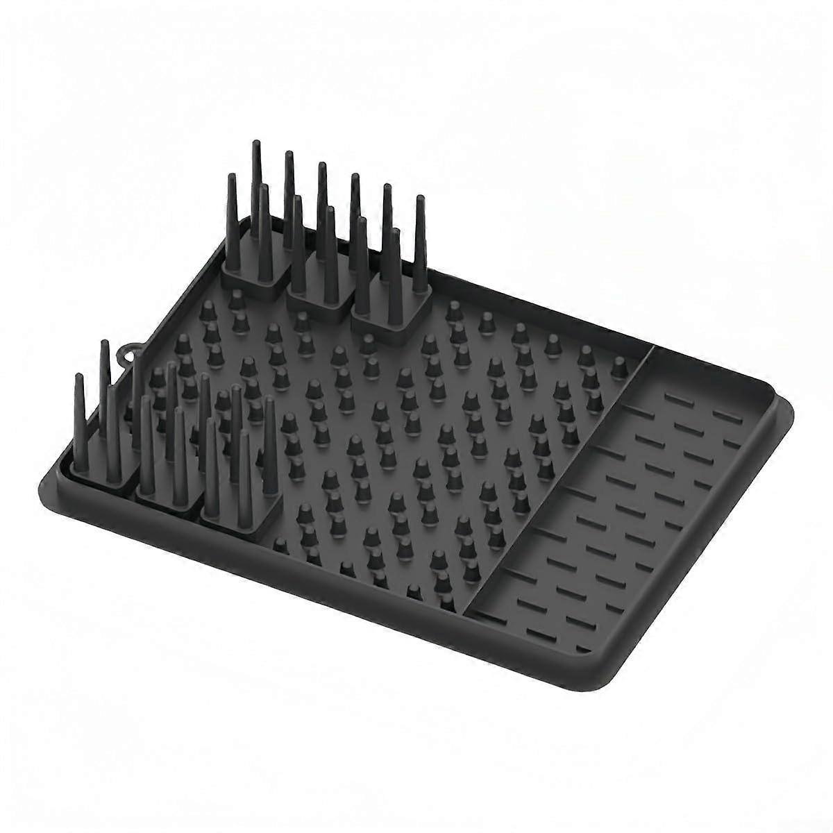 Silicone Dish Drying Mat with Detachable Cutlery Holder, Quick Drying Foldable Rack for Kitchen Counter (Black)