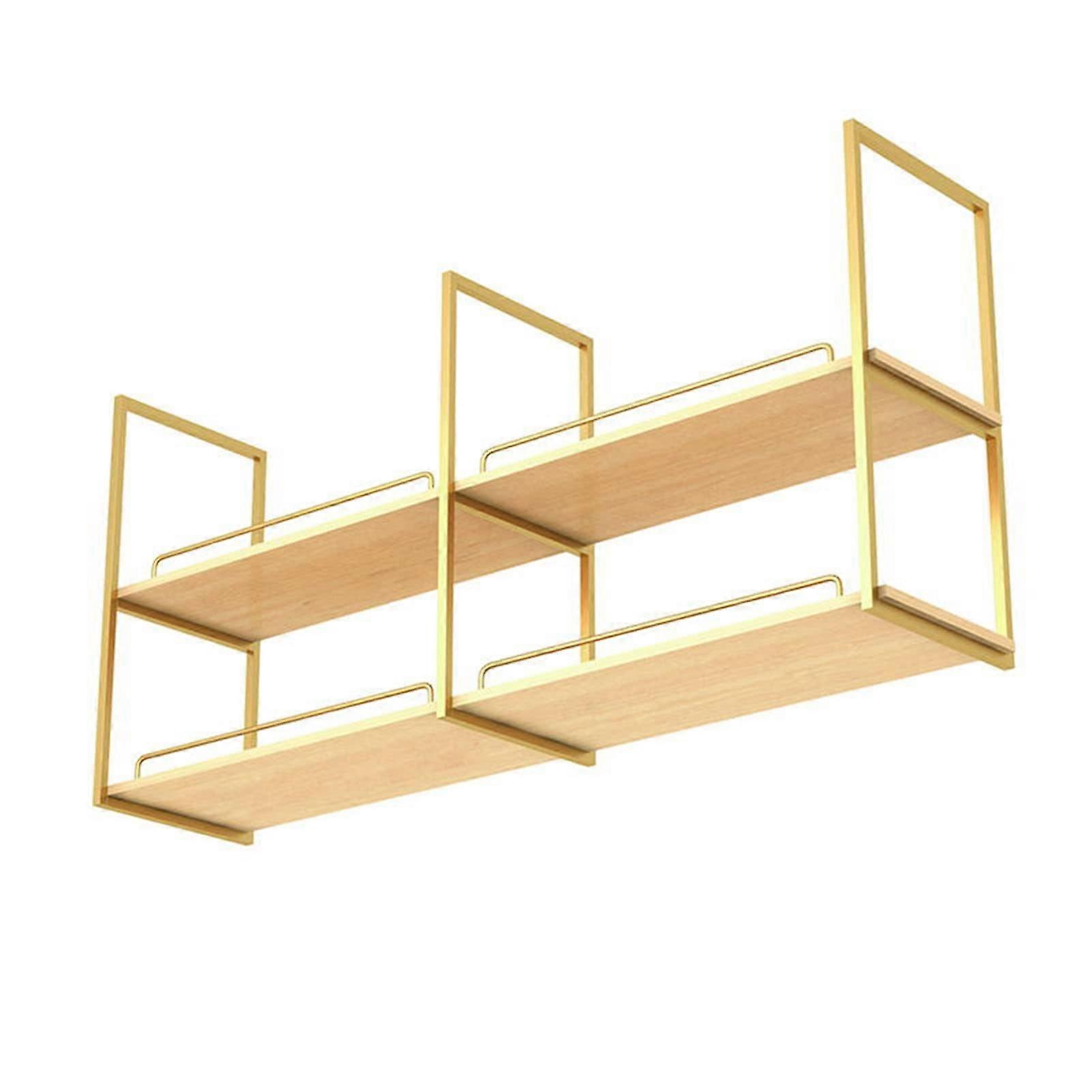 Gold Ceiling Wine Rack with Solid Wood Shelves, TwoTier Hanging Kitchen Storage for Bar or Cafe