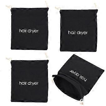 Pochettes de rangement en tissu pour sèche-cheveux, idéales pour les voyages (lot de 4), noires avec cordon de serrage.