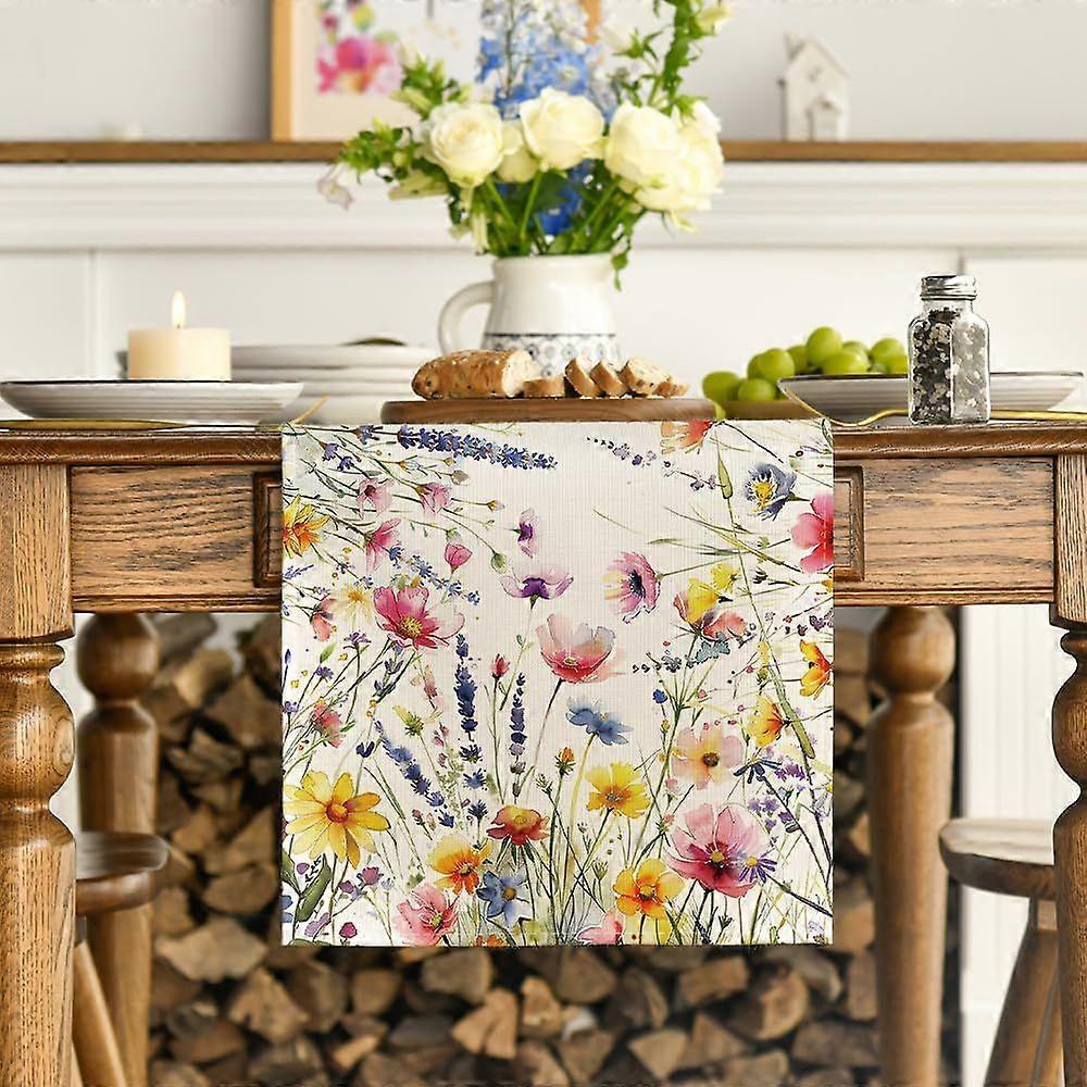 Daisy Lavender Floral Leaves Spring Table Runner, Summer Kitchen Dining Table