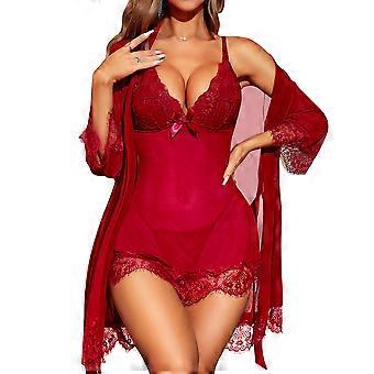 Women's Lingerie Sets with Robe - 3 Piece Lace Mesh Chemise  Nightgown with Thong