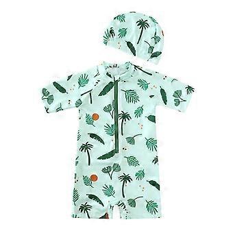 Baby Toddler One-piece Swimsuit With Hat Cartoon Print Kids Short Sleeve Zipper Swimwear Sun Protection For 0-7Y Boys Girls