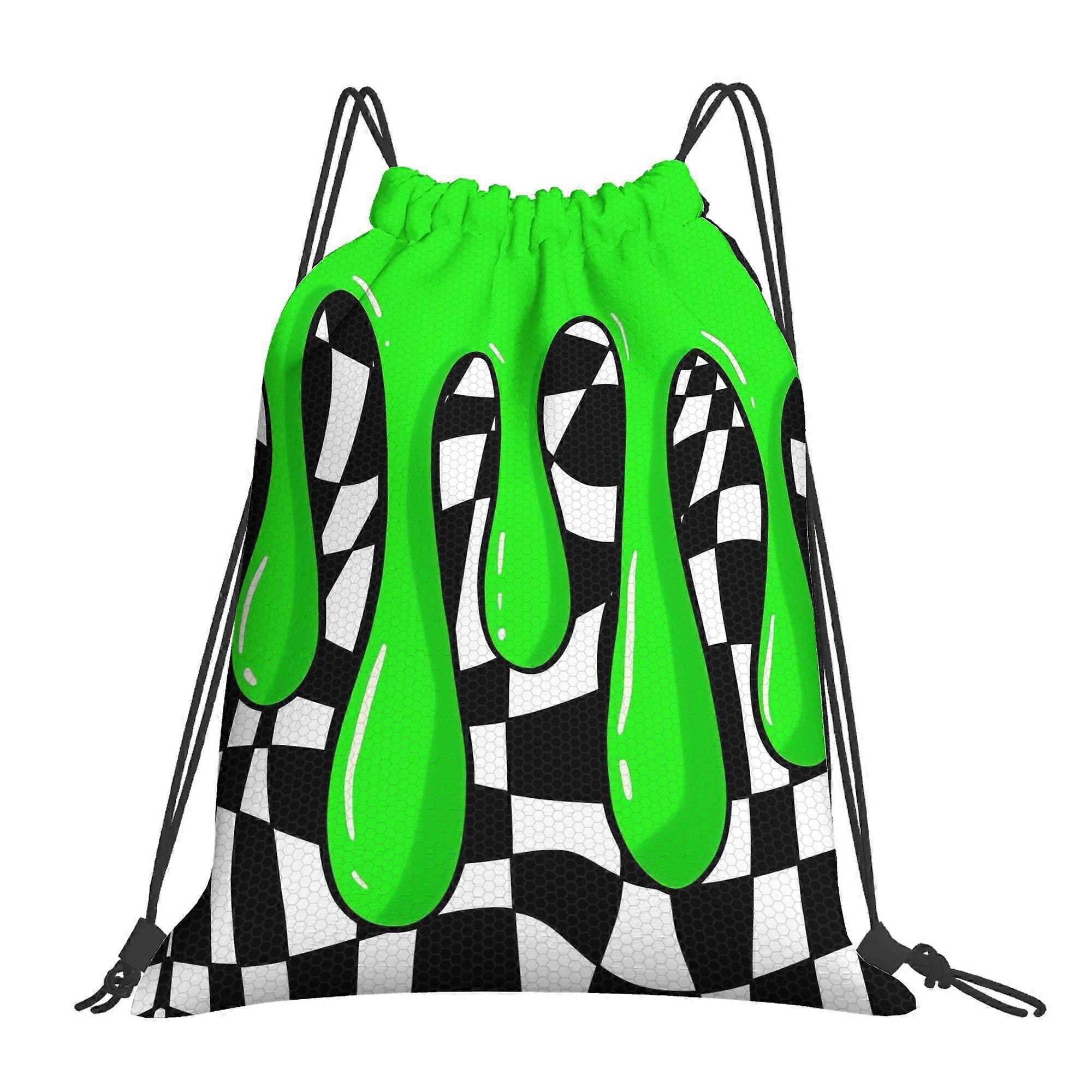 2D Flat Drawstring Bag, Green Mud-water Checkered Drawstring Backpack, 2D Flat-Cqazw