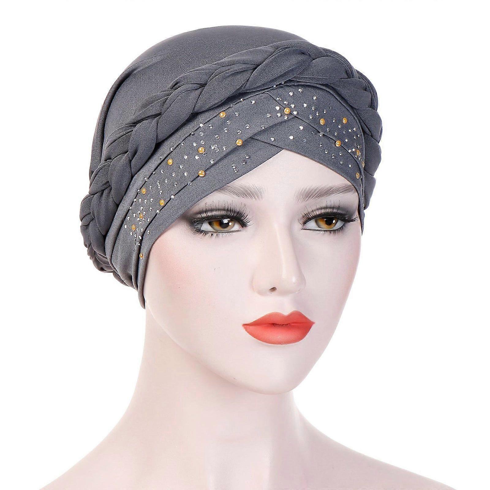 Women's Elastic Solid Color Beaded Braided Cap - Grey, Comfortable Multi-functional Hat