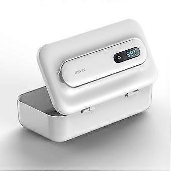 Caja electrónica portátil para almacenamiento y cuidado de esponjas de maquillaje, borlas y brochas, con luz interna y pantalla digital.