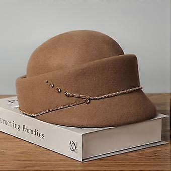 Women's Wool Felt Top Hat with Chain and Rhinestone Embellishments, Vintage Elegant Japanese Style, Warm Winter Fashion Hat