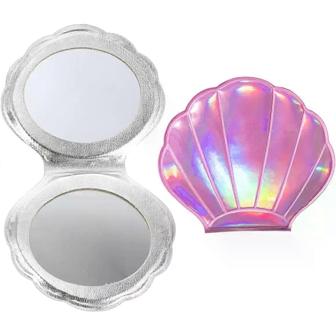 Seashell Shape Pocket Mirror 2pcs PU Glass Folding Compact Mirror