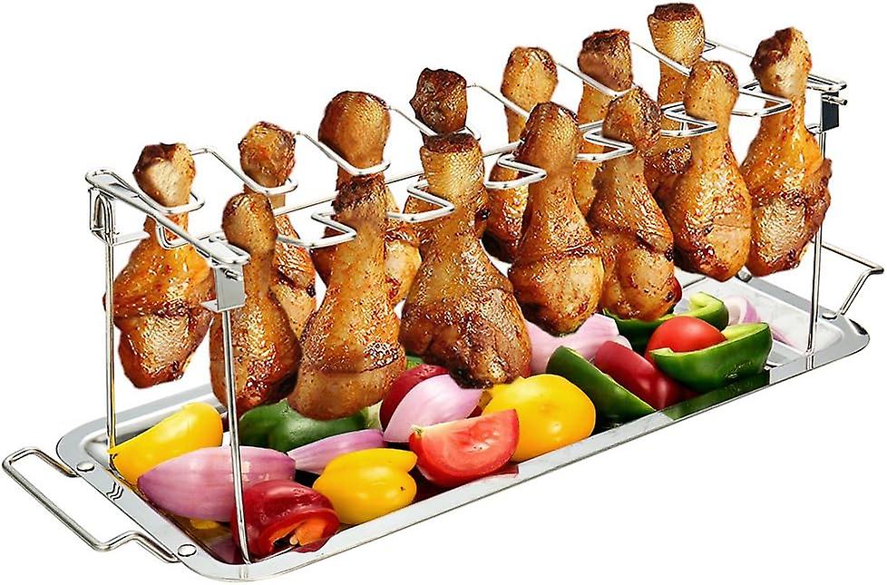 14-Groove Stainless Steel Grill Rack with Drip Tray for BBQ or Smoker Oven, Dishwasher Safe, Non-Stick, for BBQ, Picnic