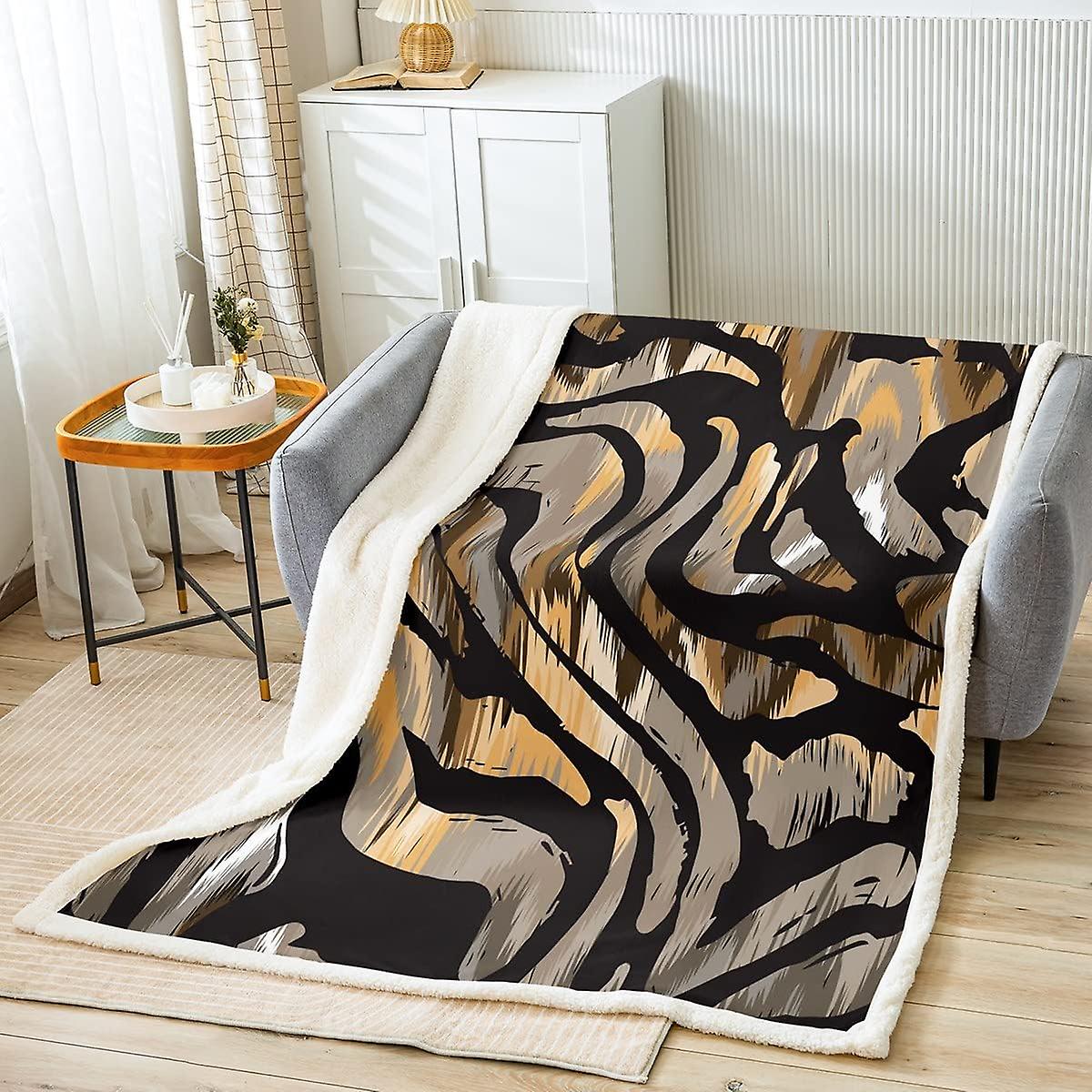 Marble Sherpa Blanket Stripe Fringe Fleece Throw Blanket for Bed Sofa Kids Marble Texture Plush Blanket Ultra Soft Abstract Art Warm Fuzzy Blanket Mod